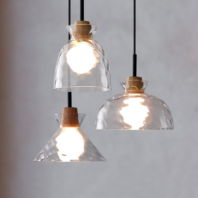Hanging Ceiling Fixture Glass and Wood Shade Adjustable Cord E26 Socket for Bedroom Den Kitchen Dining Room Hallway