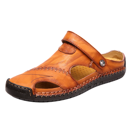 Men's Leather Slide Sandals – Closed Toe Slip-On with Orthopedic Support & Non-Slip Sole for Summer, Casual Wear, Travel & Vacation