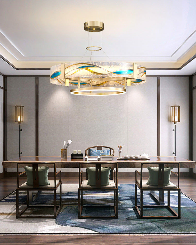 Brass Glass Pendant Fixture Dimmable LED Adjustable Height Round Ceiling Light for Dining Room Kitchen Island Living Room Modern Art Deco Li