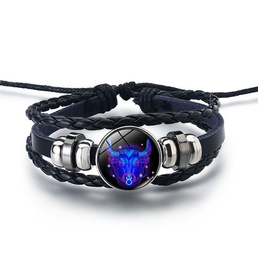 Adjustable Leather Zodiac Bracelet with Blue Stone Charm for Men & Women | Classic Wrist Cuff with Astrology Symbol | Handcrafted Steel &