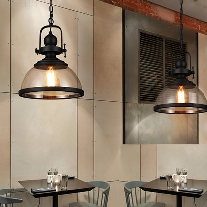 Glass Bowl Pendant Light Industrial Retro Style Hanging Ceiling Fixture Iron Frame E27 Socket for Dining Room Kitchen Island Living Room