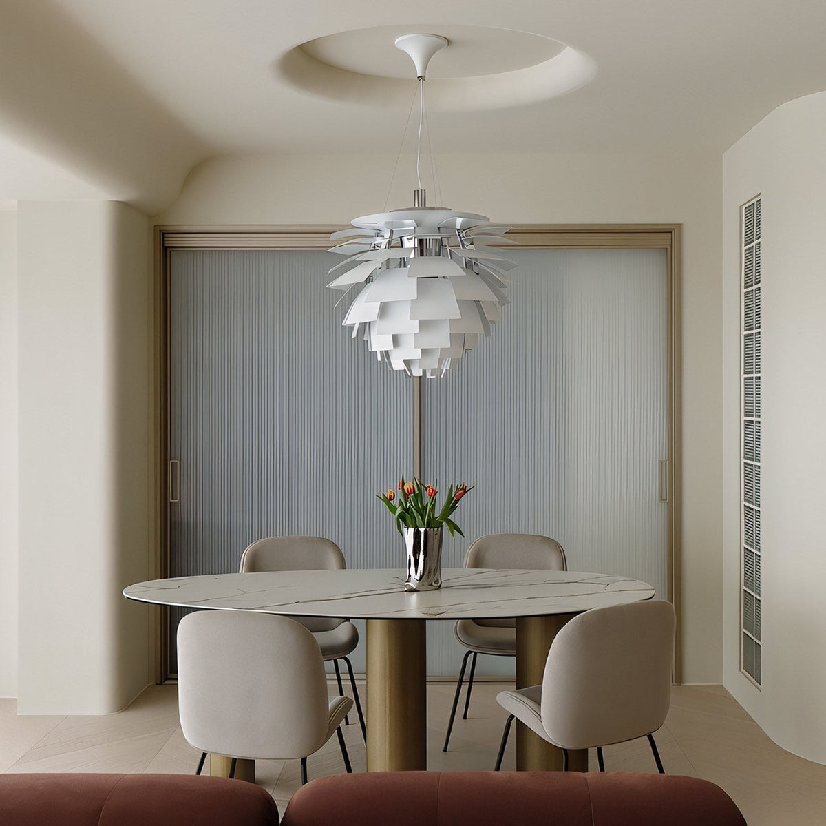 Sculptural Metal Shade Hanging Fixture 20 in Adjustable Height Overhead Lighting for Dining Room Kitchen Island Entryway Warm Glow Installat