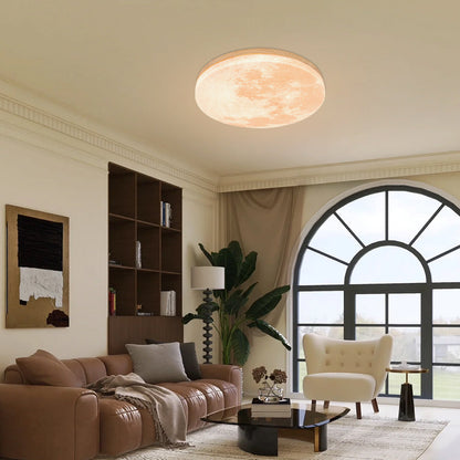 Round Flush Mount LED Ceiling Light with Lunar Surface Design Wood & Acrylic 19 in Diameter for Bedrooms Living Rooms Hallways Modern Ambien