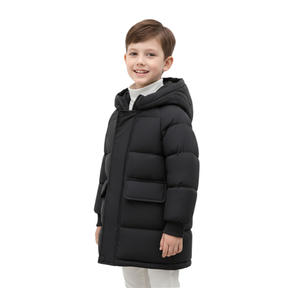 Insulated Longline Hooded Puffer Jacket for Kids – Full-Zip Heavyweight Winter Coat Ages 3-12
