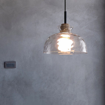 Hanging Ceiling Fixture Glass and Wood Shade Adjustable Cord E26 Socket for Bedroom Den Kitchen Dining Room Hallway
