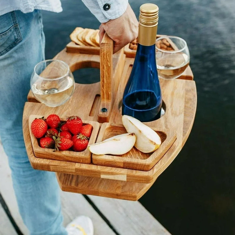 Portable Wooden Wine & Picnic Table with Carry Handle for Outdoor Dining | Folding Wine Caddy Tray for Beach, Park, Camping | Solid Wood