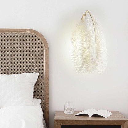Feathered Sconce with Plume Shade for Bedroom Reading Nook Hallway Ambient Glow 9-Inch Iron Arm E26 Socket Adjustable Tone Options White Tex