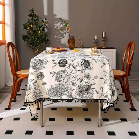 Brielle Custom Tablecloth - Cotton Polyester Blend, Floral Tassels