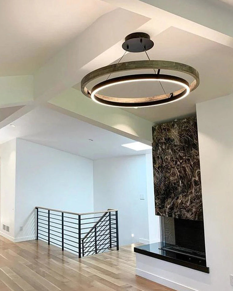 Circular Wood Ring Chandelier with LED Lighting 24-47 Inches Adjustable Height Farmhouse Dining Room Kitchen Island Ceiling Fixture
