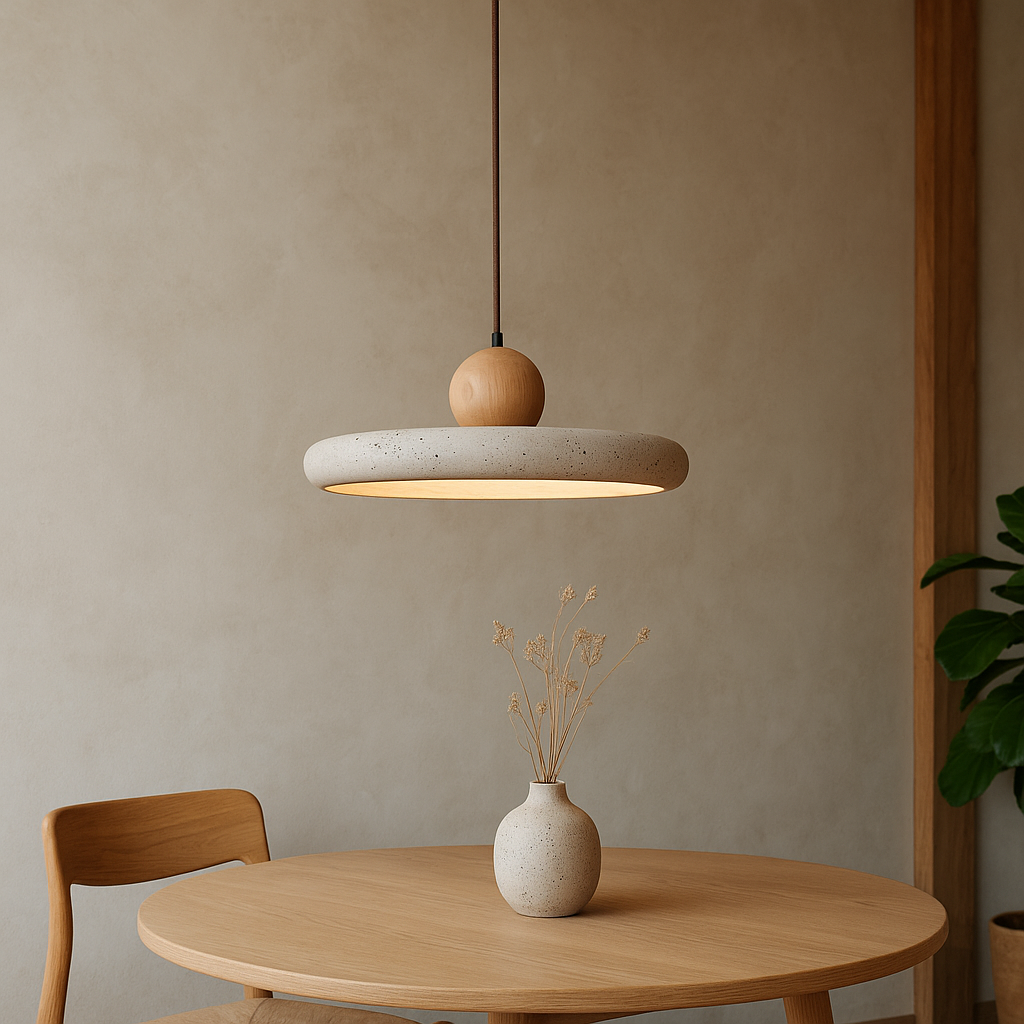 Stone & Wood LED Hanging Fixture 12 Inch Beige for Kitchen Islands, Dining Tables & Breakfast Nooks | Adjustable Cord Minimalist Overhead Il