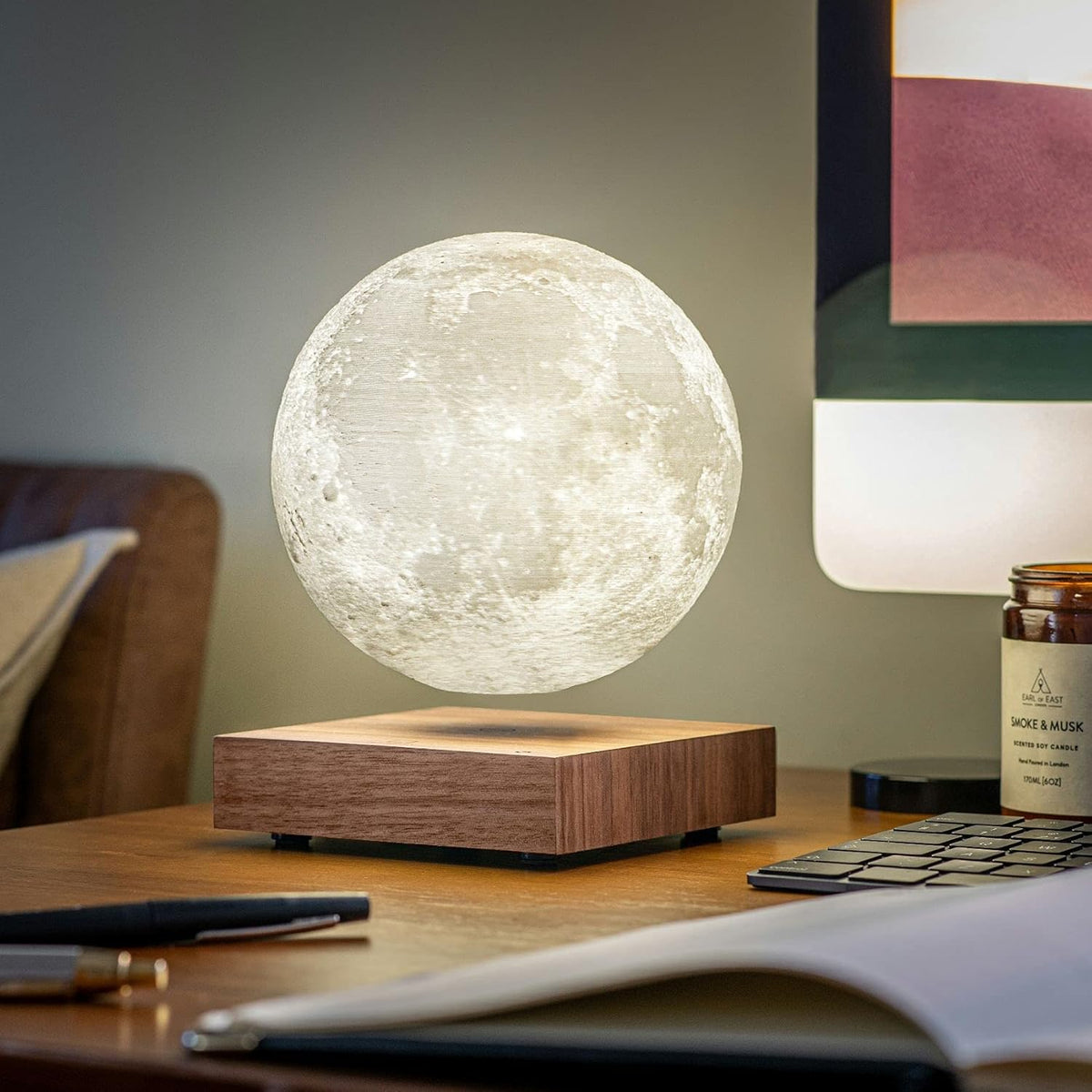 Magnetic Floating Moon Night Light 6 Inch 3D Surface Rotating Lunar Sphere Wood Stand Ambient Bedroom Lamp Dual Color LED Glow