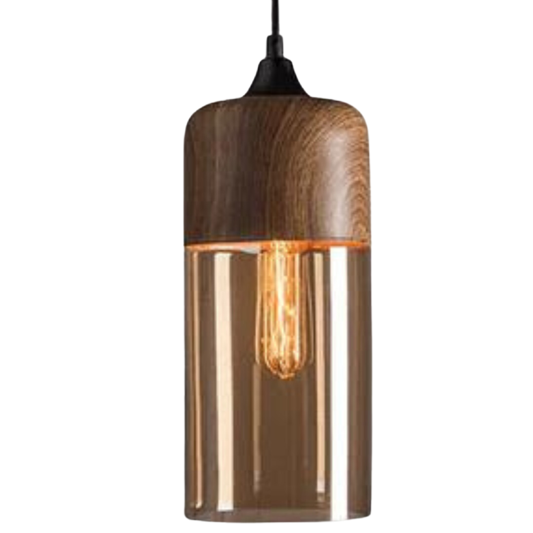 Glass Pendant Light with Wood-Look Metal – Scandinavian Hanging Fixture for Dining Room, Bedroom & Living Room