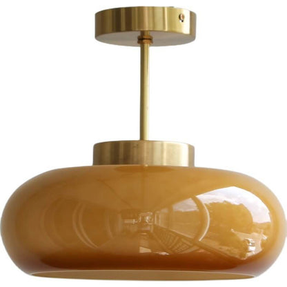 Amber Glass Semi-Flush Ceiling Light with Antique Gold Finish for Bedroom & Living Room - 11 Inch Single-Bulb Hardwired Fixture