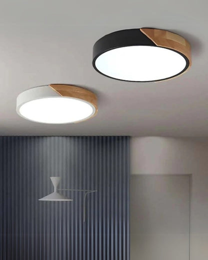 Round Flush Mount Ceiling Light with Wood Accent and Integrated LED – Modern Low Profile Fixture in 9, 12, 16, 20, and 24 inch Sizes for Liv