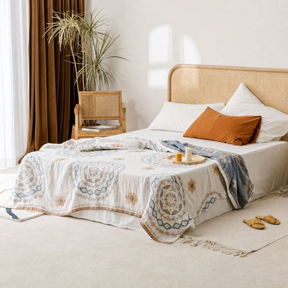 Cotton Throw Blanket with Mandala Pattern – Boho Geometric Design for Couch, Bed, Sofa – Lightweight Woven Coverlet for Living Room or