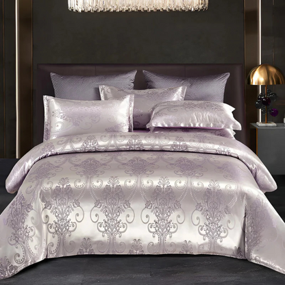 Floral Jacquard Duvet Cover Set Silky Satin Bedding 3-Piece with Pillowcases All Season Breathable Comforter Cover for Bedroom Décor