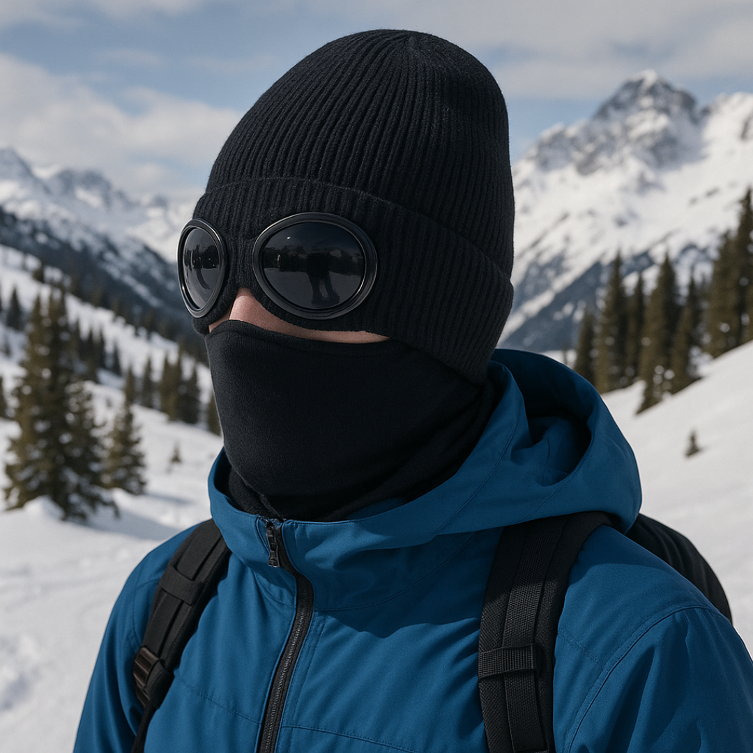 Knit Beanie with Flip-Down Goggles – Windproof Winter Hat for Outdoor Activities
