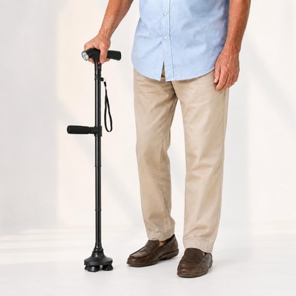 Quad-Base Folding Walking Cane with LED Light & Alarm for Stability, Balance Support & Mobility Aid