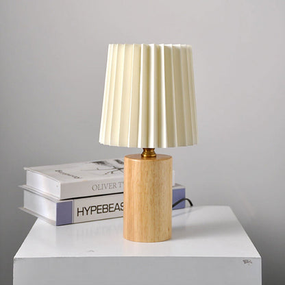 Nightstand Lamp with Pleated Shade Wood Base 12 in Tall USB or E26 Socket Soft Ambient Light for Bedroom Office Reading Scandinavian Modern