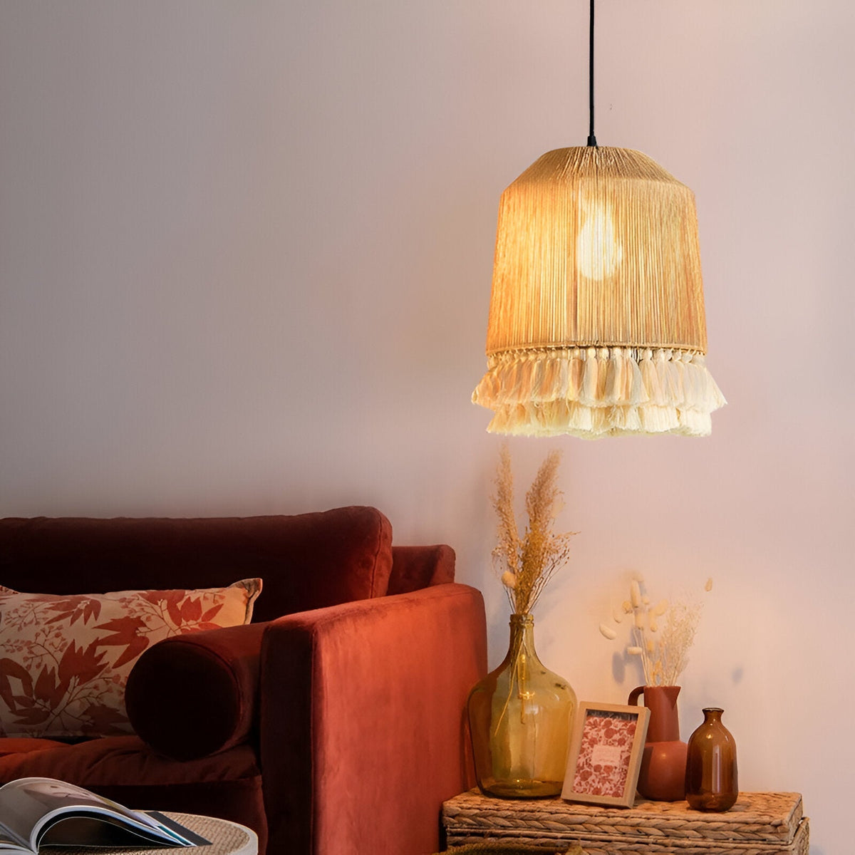 Woven Natural Fiber Ceiling Light Fixture with Tassel Detail for Dining Room, Bedroom & Living Room | Handcrafted Bohemian Style