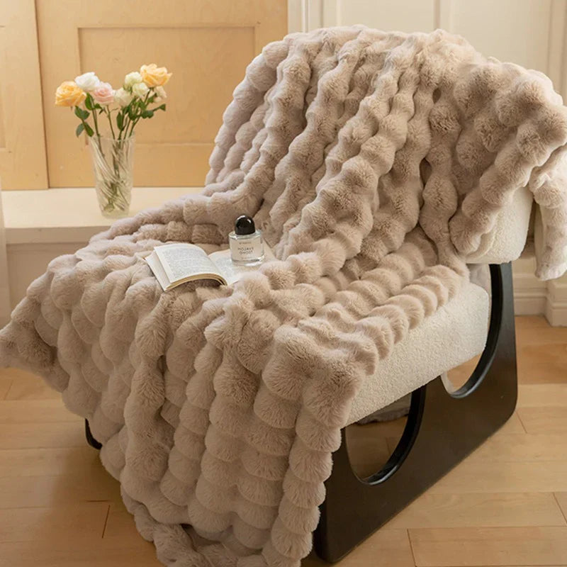 Plush Synthetic Fur Throw Blanket in Neutral Tones for Sofa, Bed, Living Room, and Bedroom