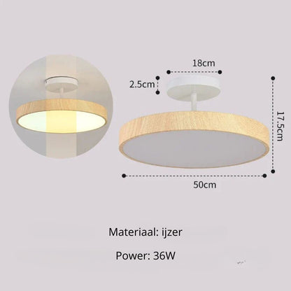 Round LED Flush Mount Ceiling Light with Faux Wood Finish – Iron Frame, Integrated Panel, 220-240V – For Bedroom, Living Room, Dining Room