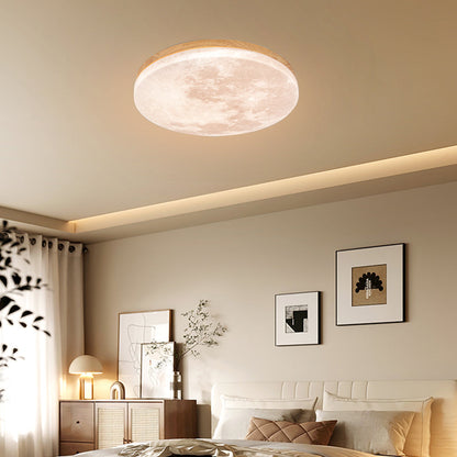 Round Flush Mount LED Fixture Moon Surface Wood & Acrylic 19 in Diameter Low Profile for Bedroom Living Room Hallway Ambient Lighting Japand