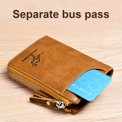 Zipper Bifold Wallet with RFID Protection 14 Card Slots Cash Pocket Vintage Leather for Men Daily Carry Travel Organization