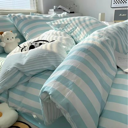 Striped Linen Bed Set King Queen Double Twin Hotel Quality Comforter Cover Fitted Sheet Pillowcases Neutral Bedroom Essentials for Modern &