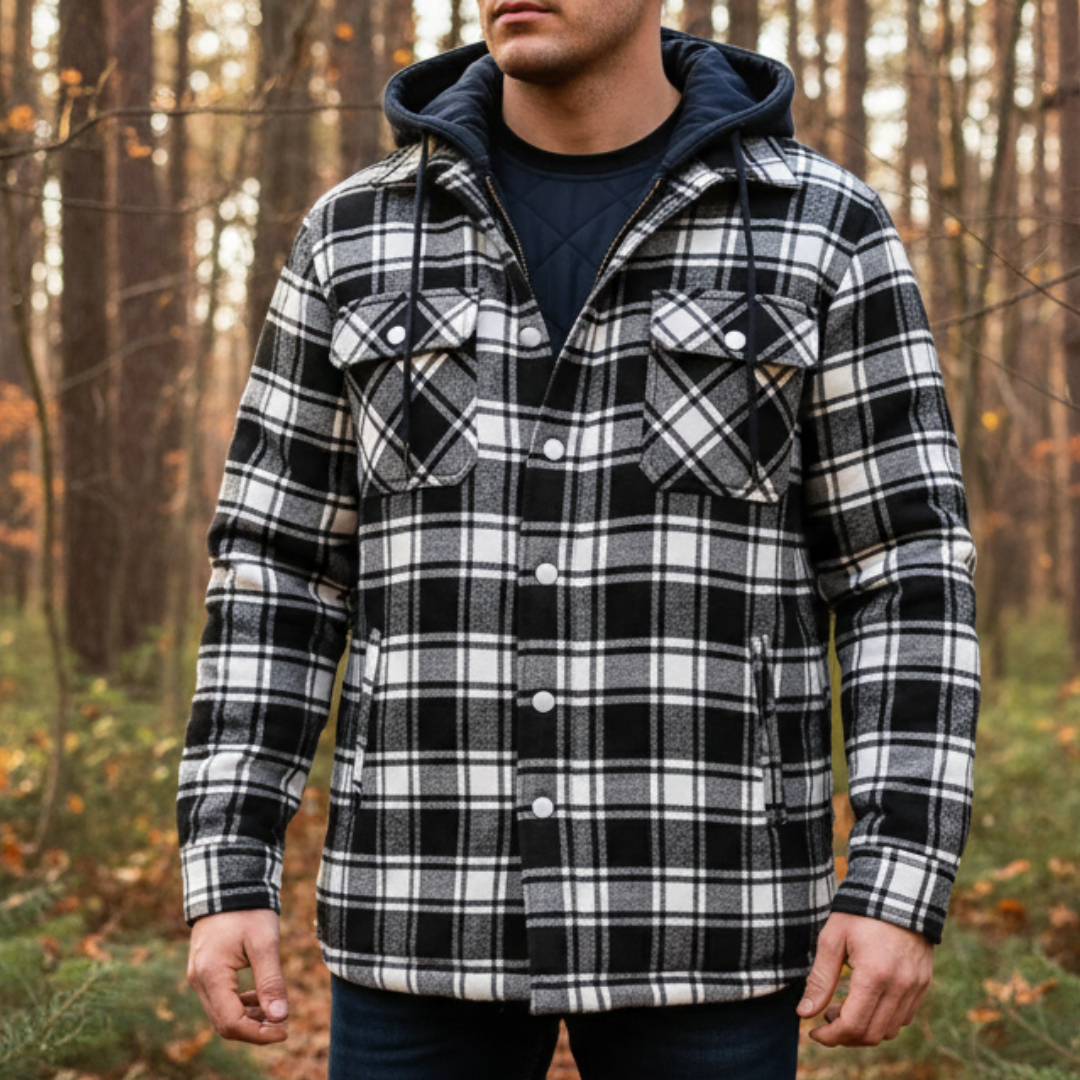 Quilted Plaid Flannel Shirt Jacket with Removable Hood for Men – Button Front & Zip Closure
