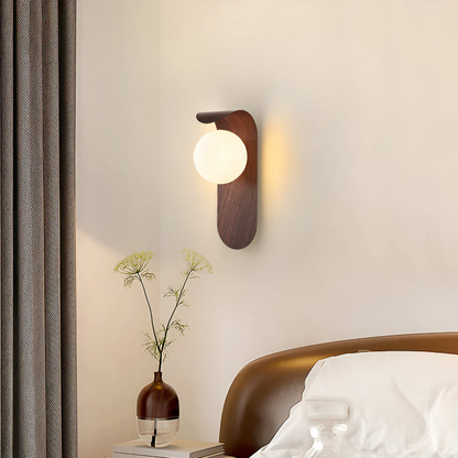 Globe Wall Sconce with Natural Wood Bracket LED Ambient Light Fixture 10 in Height Frosted Shade for Bedrooms Hallways Reading Nooks Modern