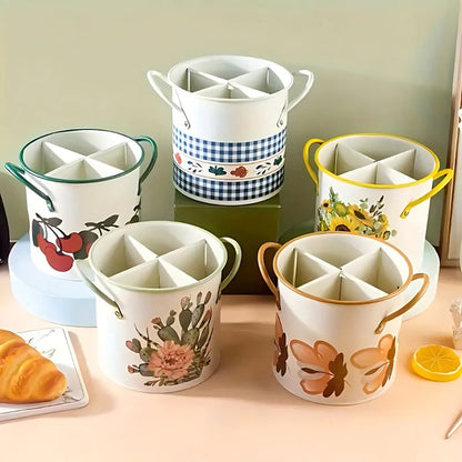 Fiora Utensil Holder - Cast Iron with Divider Lid, Vintage Floral Design