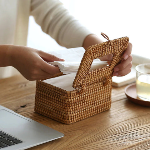 Raven Rattan Tissue Box Cover - Handwoven Natural Elegance