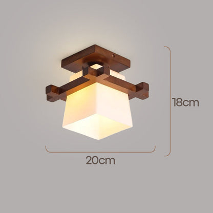 Square Flush Mount Overhead Light Fixture E27 Socket 7.9 Inch White Wood Accent for Bedroom Hallway Living Room Minimalist Scandinavian Mode