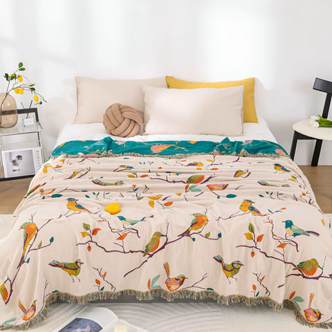 Wrenna Cotton Blanket - 100% Soft Cotton, Boho Bird Design with Tassels