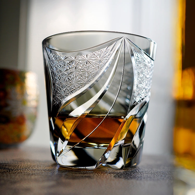 Japanese Cut Crystal Whisky Tumbler with Flame-Carved Pattern & Presentation Box for Spirits