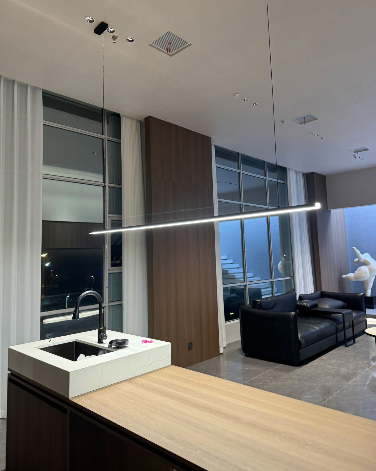 Suspended LED Strip Fixture for Countertop Islands – Dimmable Metal Bar Light with Remote in Matte or Gloss White – 39 to 102 in Adjustable