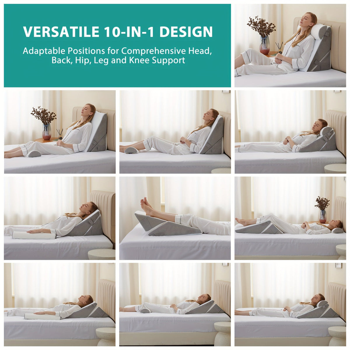 Adjustable Wedge Pillow for Bed – Elevating Support for Back, Legs & Knees with Memory Foam