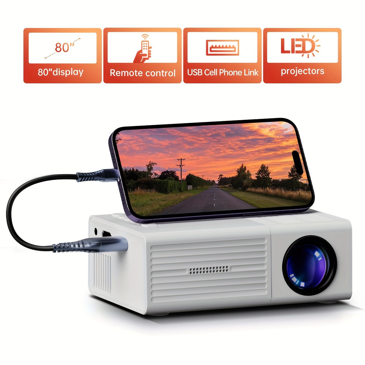 Compact LED Projector 3000 Lumens HDMI USB Movie Display for Indoor Outdoor Home Theater Streaming Media Laptop Smartphone Presentations