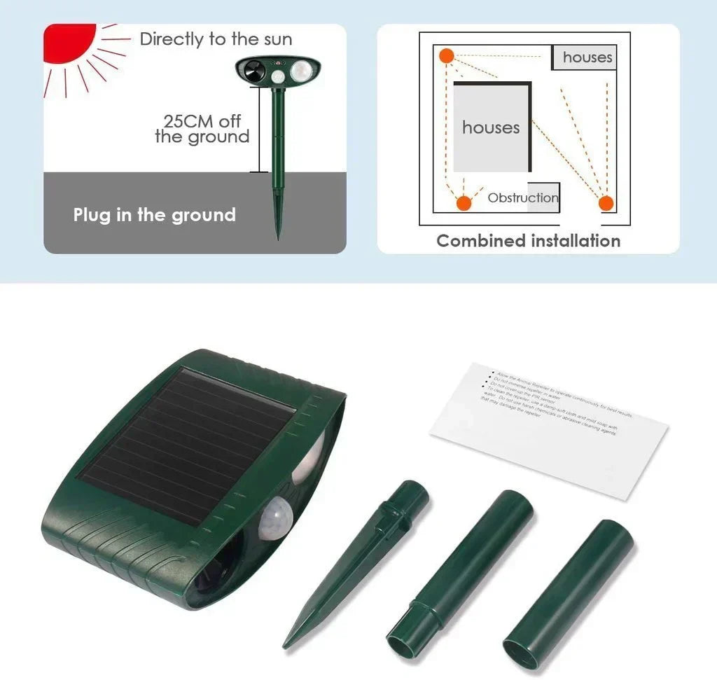 Solar Wildlife Deterrent Device Ultrasonic Outdoor Yard Defender 30 ft Range Motion-Activated Strobe Light Weatherproof for Gardens Lawns Fl