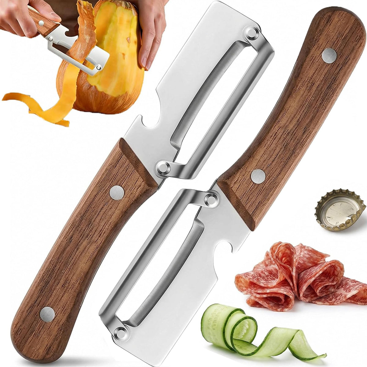 Kitchen Multitool Peeler Cutter Bottle Opener with Wood Handle 5-Piece Set for Prep Cooking Vegetables Fruit Tools Utensils Home Chef Use