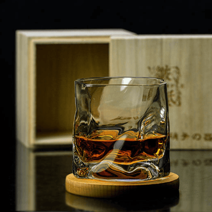 Hand-Cut Crystal Rocks Glass with Textured Facets for Bourbon Scotch & Spirits in Wood Box for Collectors