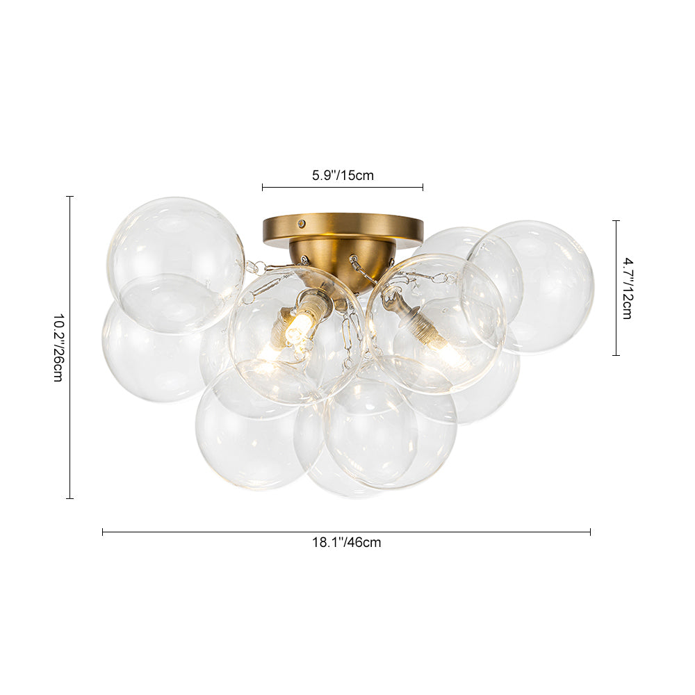 Clear Glass Globe Semi-Flush Ceiling Light, 3-Bulb Brushed Metal Cluster Fixture for Dining Room, Bedroom, Entryway, Bathroom