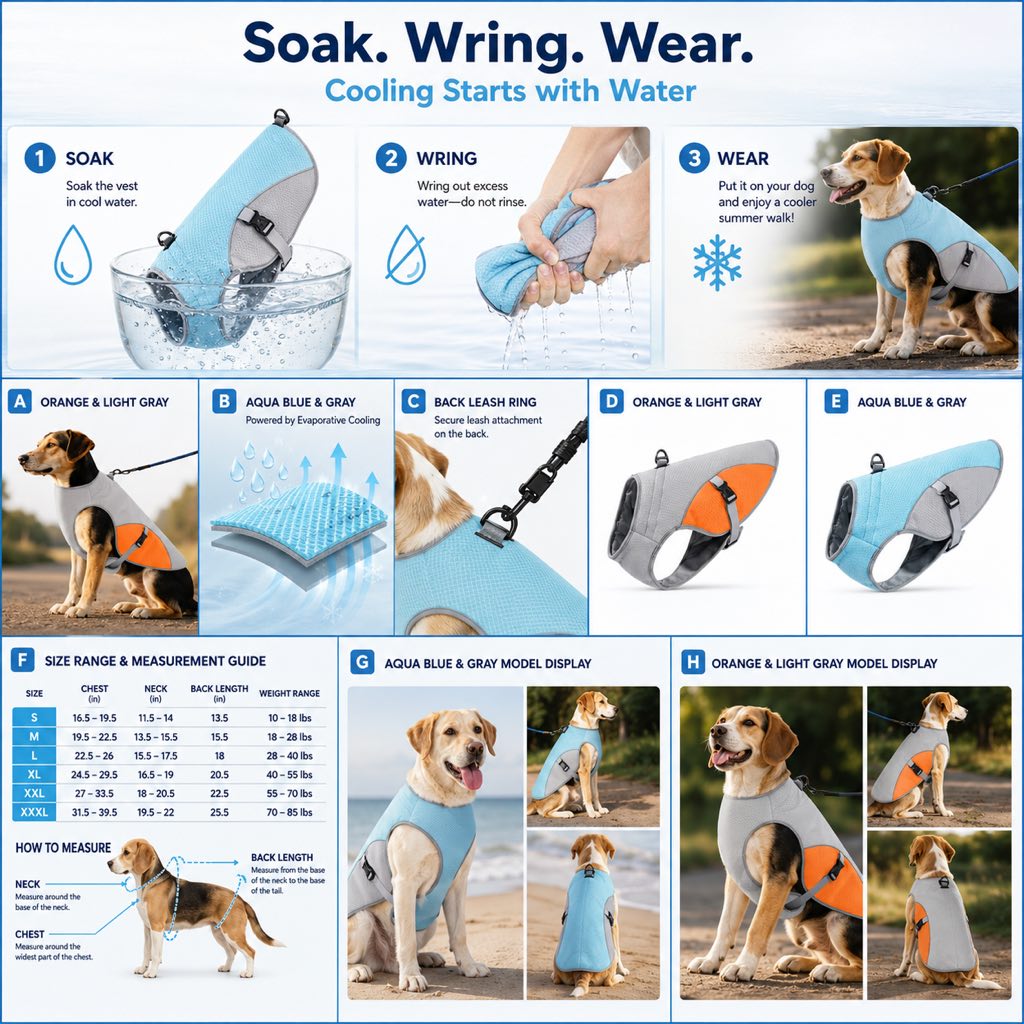 Ortekor Dog Cooling Vest for Summer Walks - Wet-to-Cool Lightweight Jacket with Leash Ring for Hot Weather Outdoor Comfort