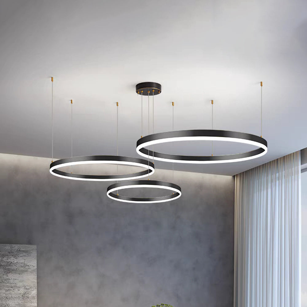 Multi-Ring LED Chandelier Adjustable Height Metal Acrylic Fixture 16-31 Inch Diameter Dimmable Suspended Ceiling Light for Dining Room Kitch