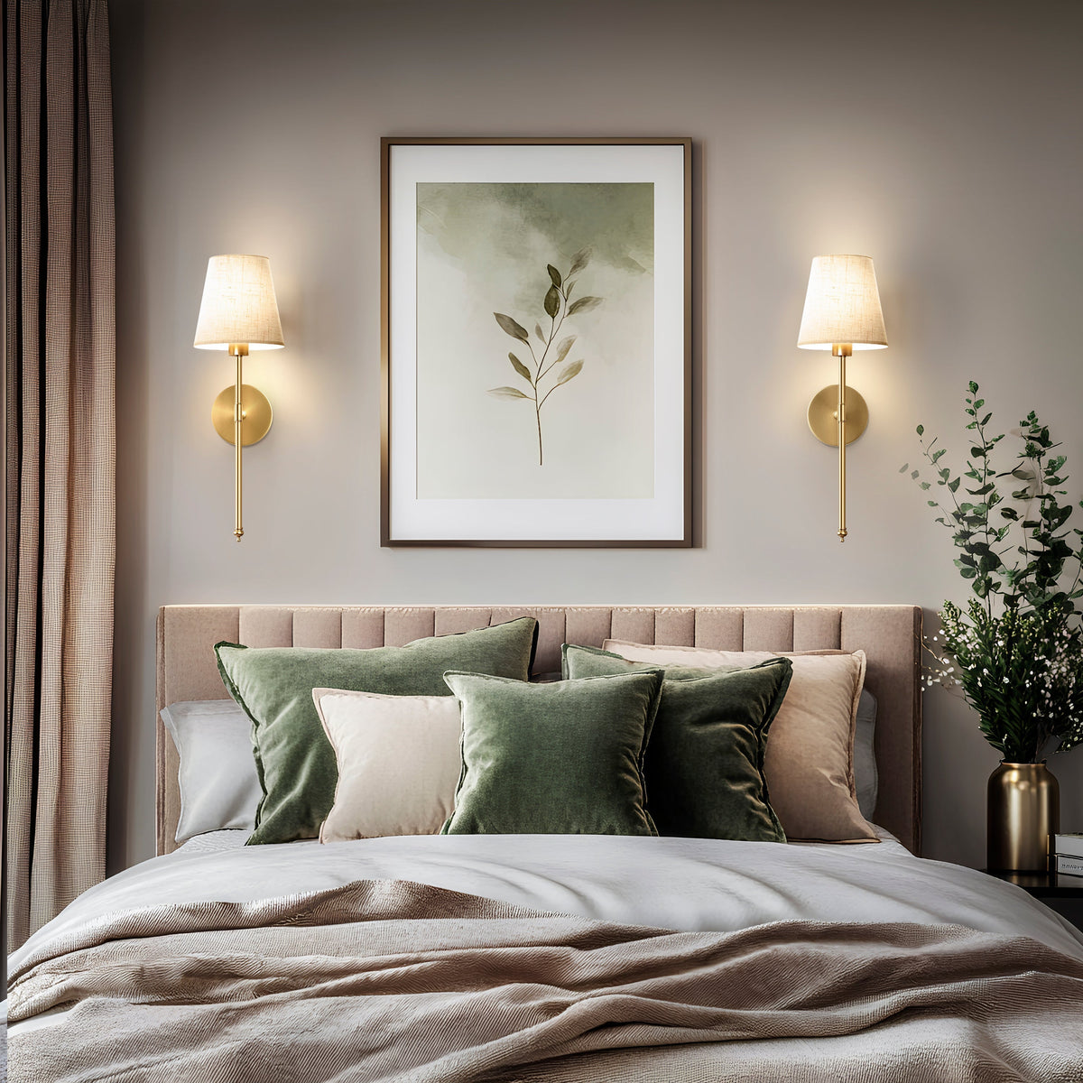Rechargeable Sconce Set of 2 with Remote – Gold Metal & Linen Fabric, Dimmable RGB & White Light, 20 in Height