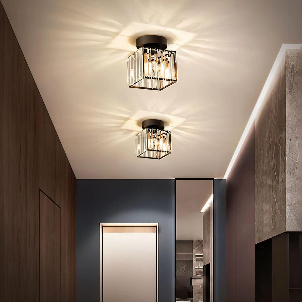 Square Brass Ceiling Light with Crystal Glass Cover – Modern Flush Mount Fixture for Bedroom, Hallway, Living Room & Home Office – E27