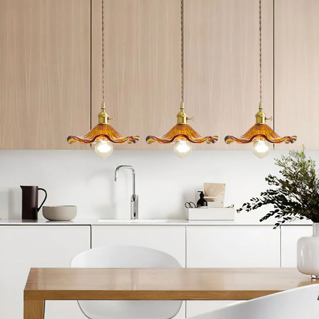 Glass Ceiling Light with Sculptural Ripple Edge – 9 in Hanging Fixture with Metal Hardware for Kitchen, Dining Area, or Bedroom – Adjustable