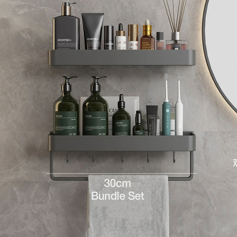 Metal Bathroom Organizer Shelf Gray 12-Inch Shower Caddy Wall-Mount Storage Rack for Shampoo Toiletries & Towels Space-Saving Modern Design