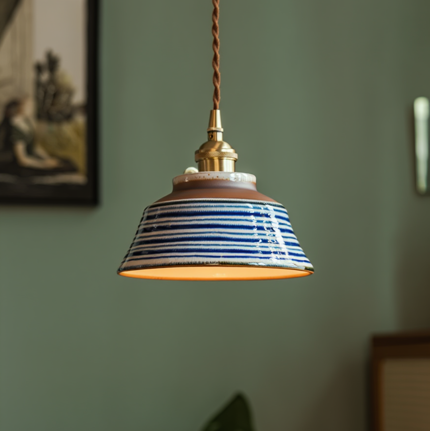 Ceramic Hanging Light Fixture with Unique Floral Designs for Kitchen, Dining Room, Cafe | Artisan Crafted Copper Hardware Pendant Lamp